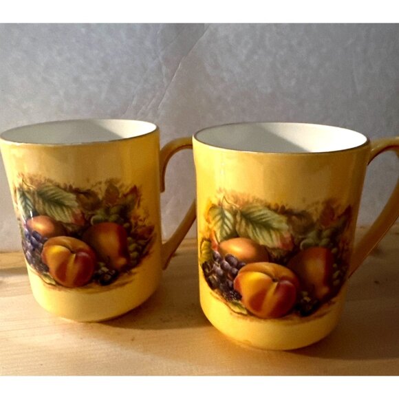 Aynsley Orchard Gold Fine Bone China Coffee Tea Mugs Yellow Fruit Motif Set Of 2 - Picture 6 of 10